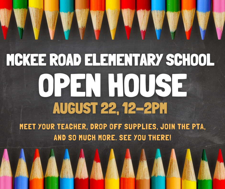 Chalkboard boarded by color pencils. Open House written teaser info that is contained in post